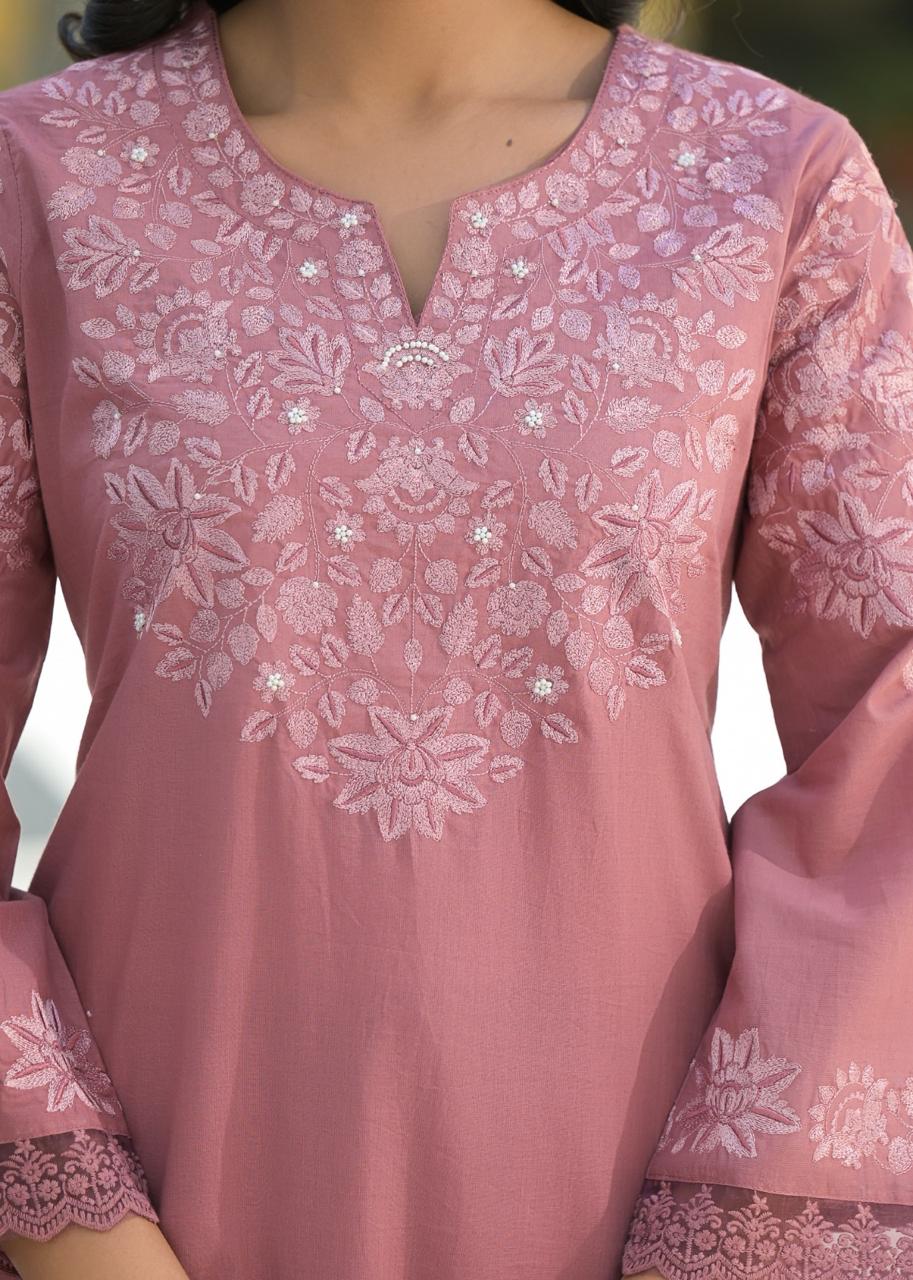 Pure cotton stylish palazzo embroidered suit set paired with brush painted dupatta in peach