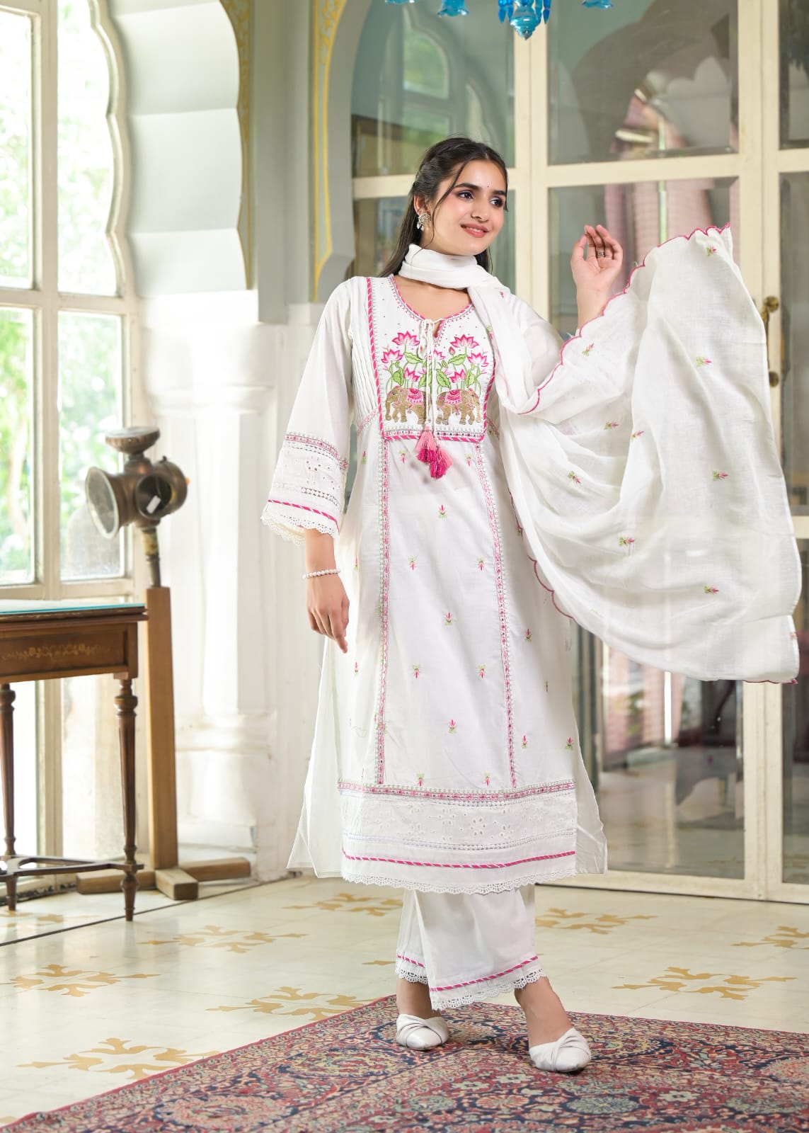 Premium cotton embroidered suit set in white