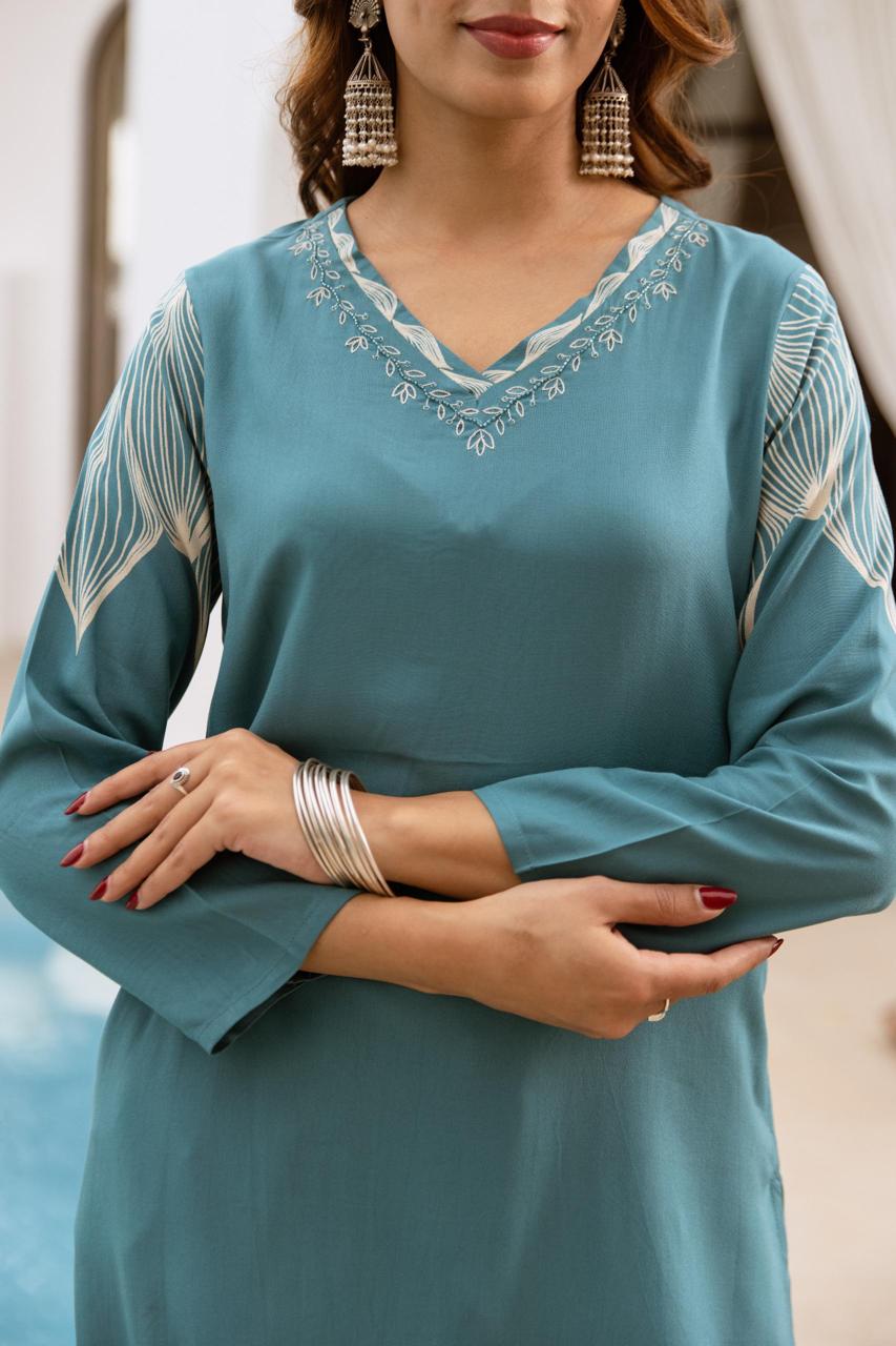 Wow wow heavy cotton slub kurta pant designer leaf pattern in blue