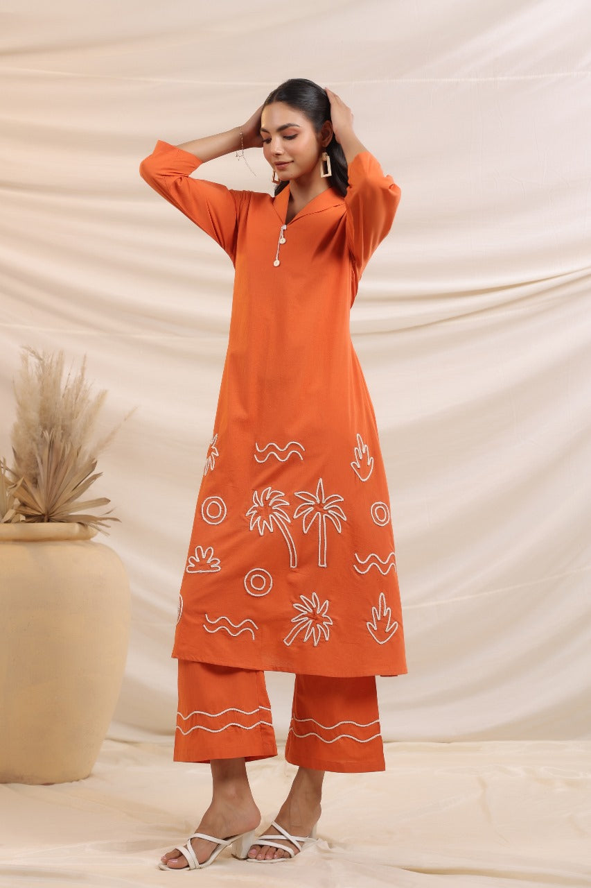 Smart cotton rust embroidered kurta pant