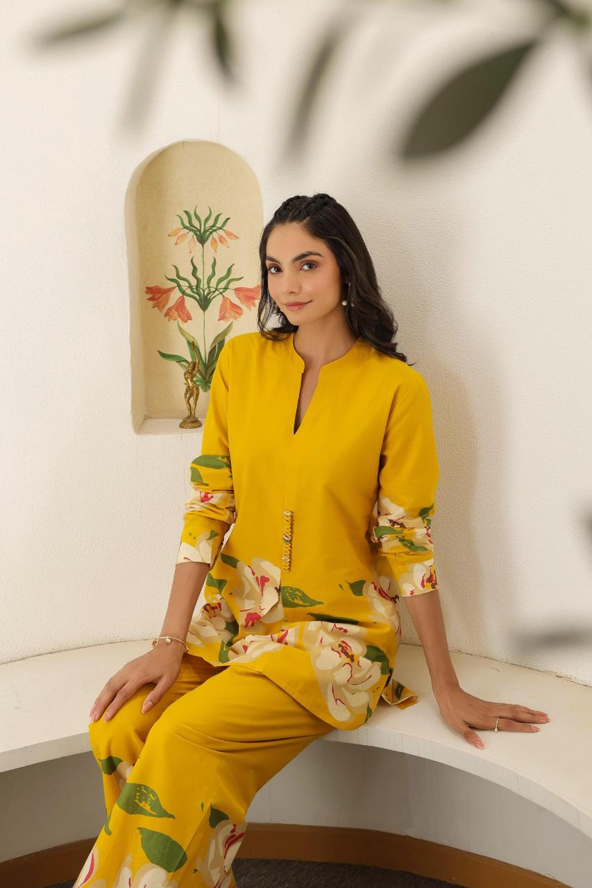Digital printed cotton co-ord in yellow