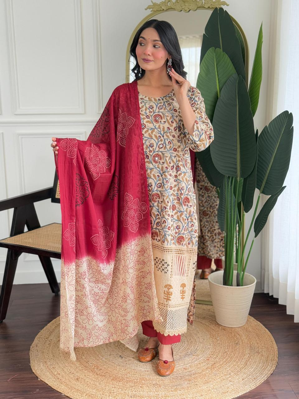 Pure cotton stylish bagru print with lace detailing suit set