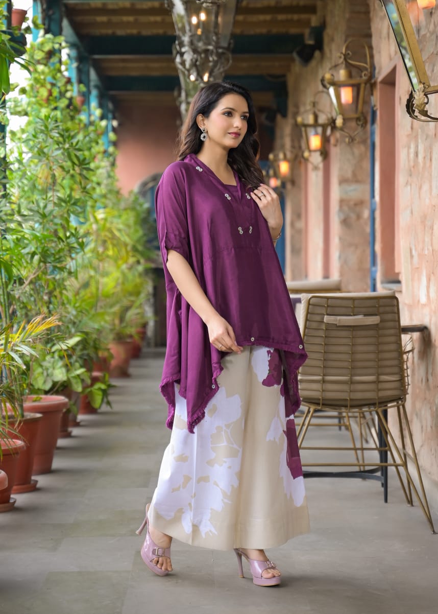 Purple shantoon kaftan top paired with cotton pant