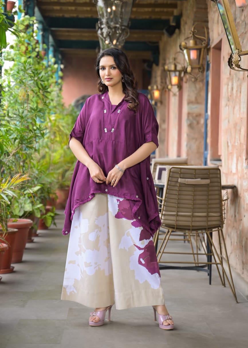 Purple shantoon kaftan top paired with cotton pant