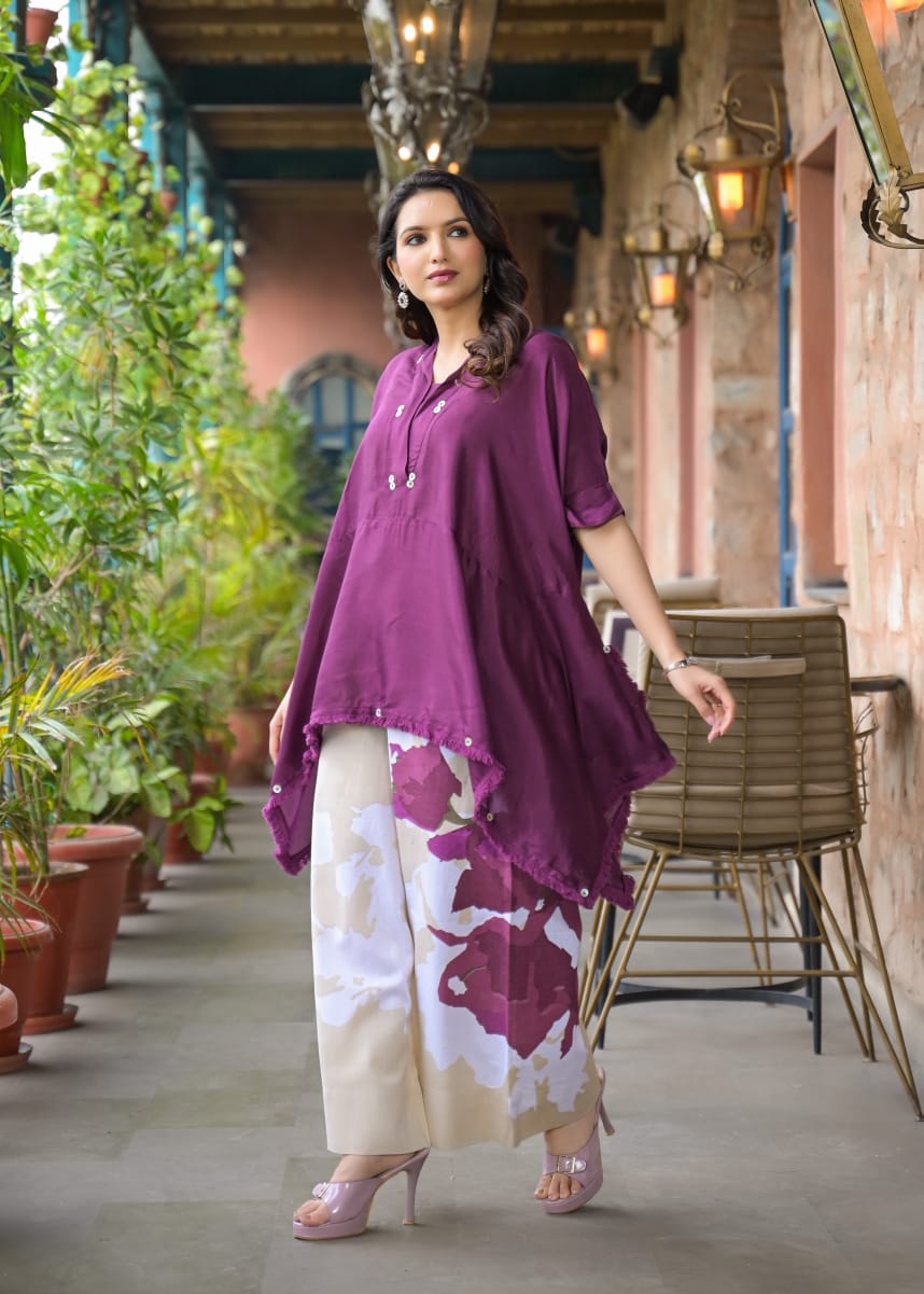 Purple shantoon kaftan top paired with cotton pant