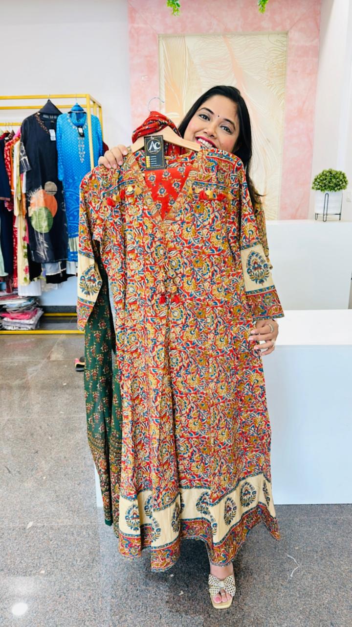 Wow wow shoulder kalamkari Anarkali cotton suit in red
