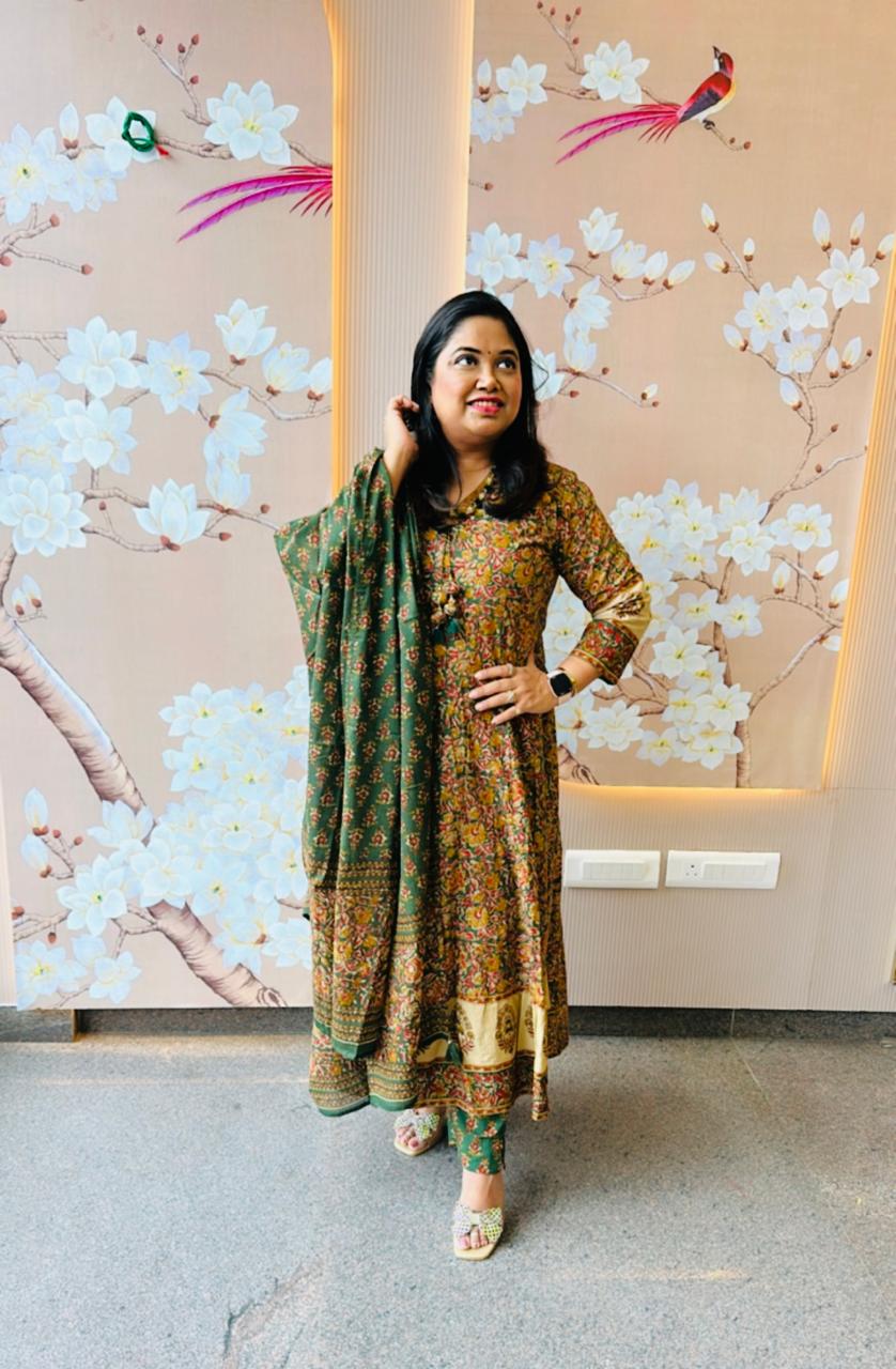 Wow wow shoulder kalamkari Anarkali cotton suit in green