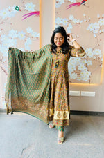 Wow wow shoulder kalamkari Anarkali cotton suit in green