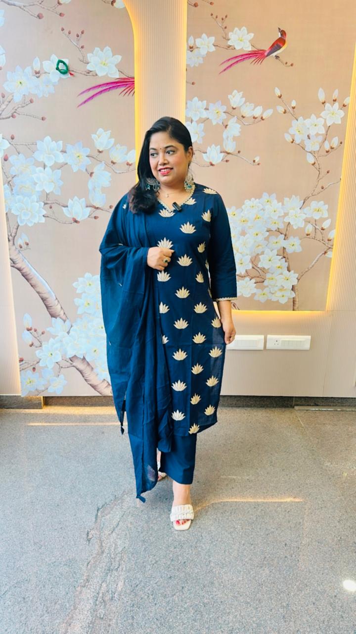 Pure cotton embroidery suit set in blue