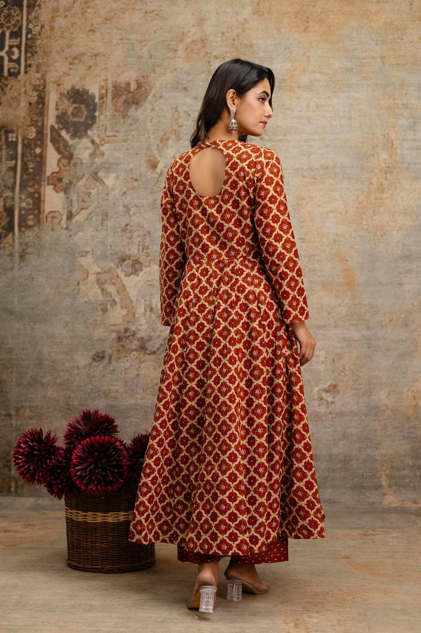 Smart rust cotton Anarkali suit set