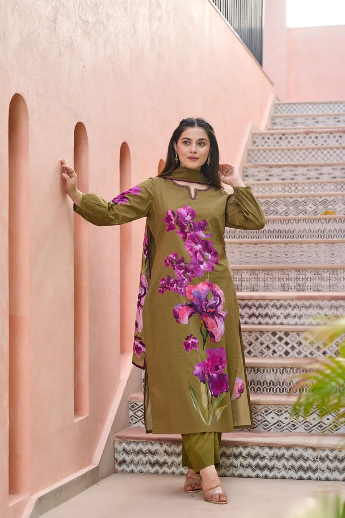 Restocked! Pure cotton digital printed in olive green full suit set