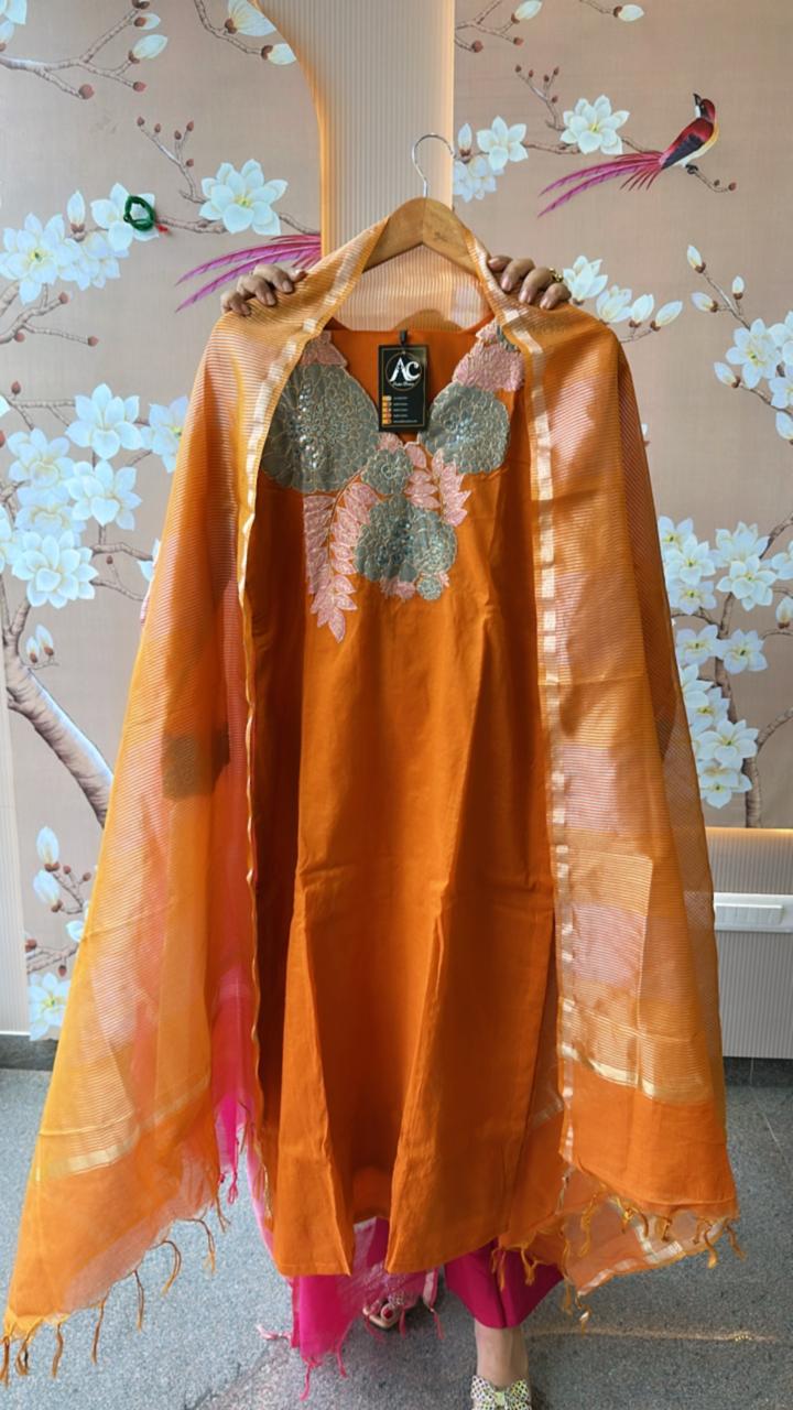 Wow pure shimmer tissue appliqué suit set highlighted with Zari work and a fab four shaded ombre effect dupatta in rust