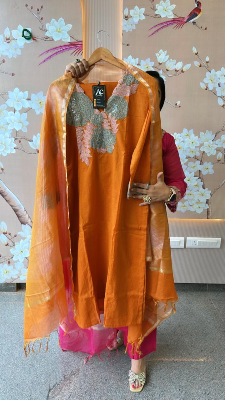 Wow pure shimmer tissue appliqué suit set highlighted with Zari work and a fab four shaded ombre effect dupatta in rust