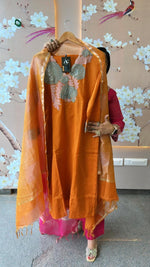 Wow pure shimmer tissue appliqué suit set highlighted with Zari work and a fab four shaded ombre effect dupatta in rust