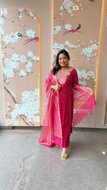 Restocked! Wow pure shimmer tissue appliqué suit set highlighted with Zari work and a fab four shaded ombre effect dupatta in pink! Dispatch in 45 Days