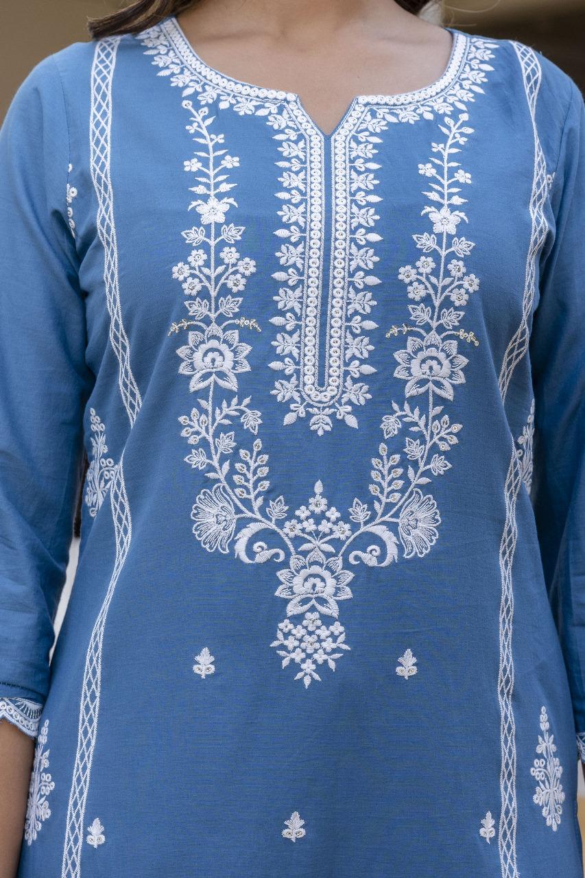 Pure cotton embroidered full suit set in blue