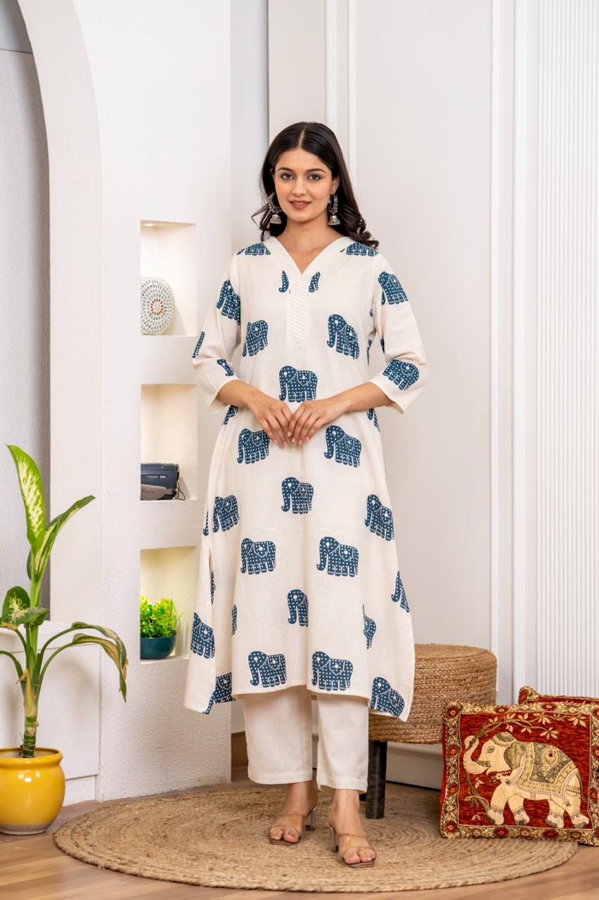 Beautiful V neck elephant cotton kurta pant