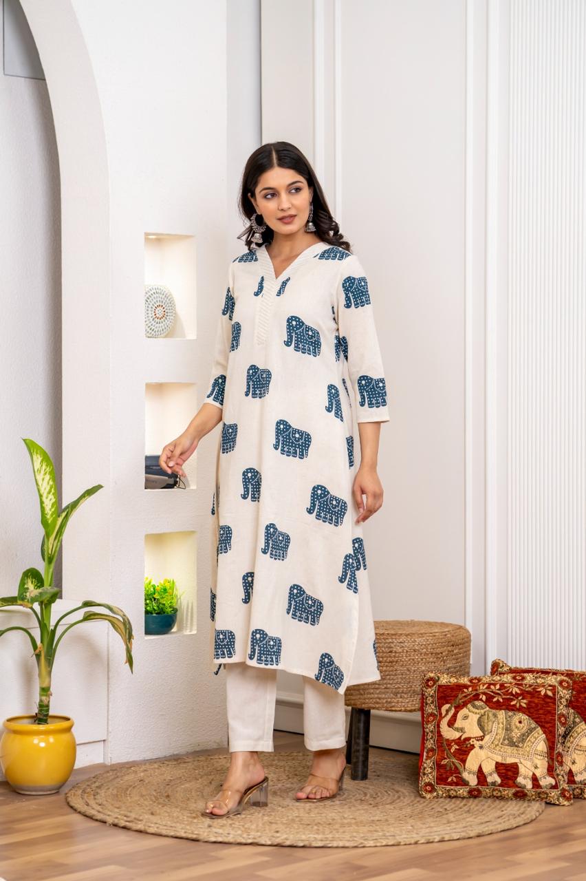 Beautiful V neck elephant cotton kurta pant