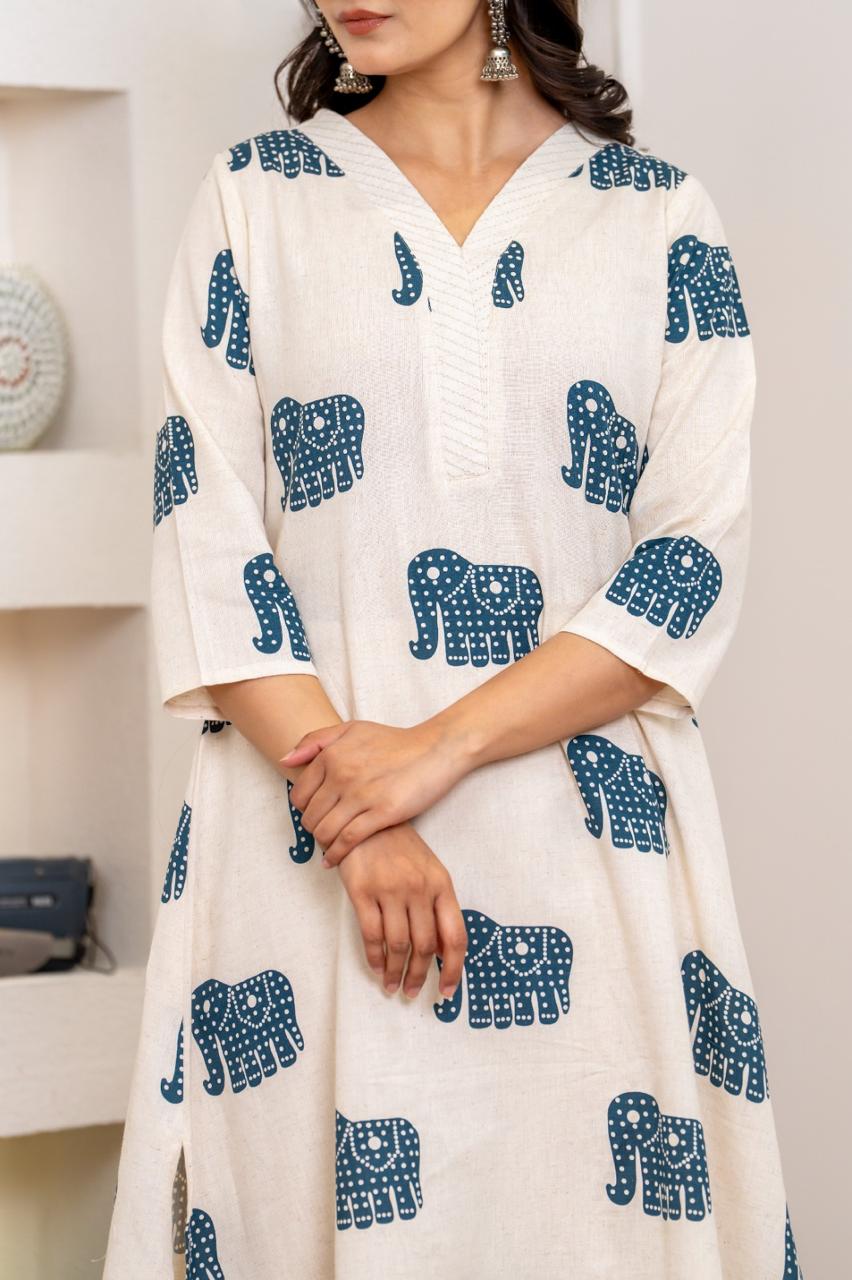 Beautiful V neck elephant cotton kurta pant
