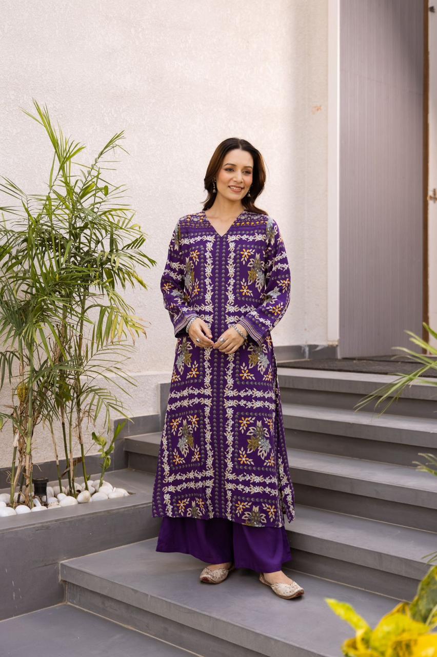 Wow wow floral rayon digital printed co ord set in purple