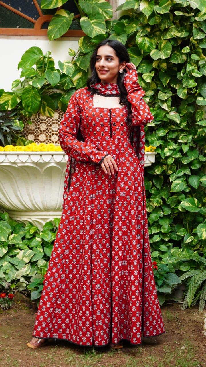 Designer red Anarkali suit set