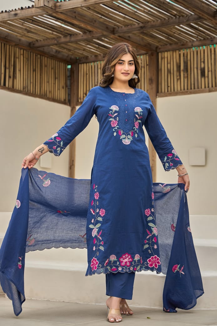 Pretty cotton fully embroidered in blue