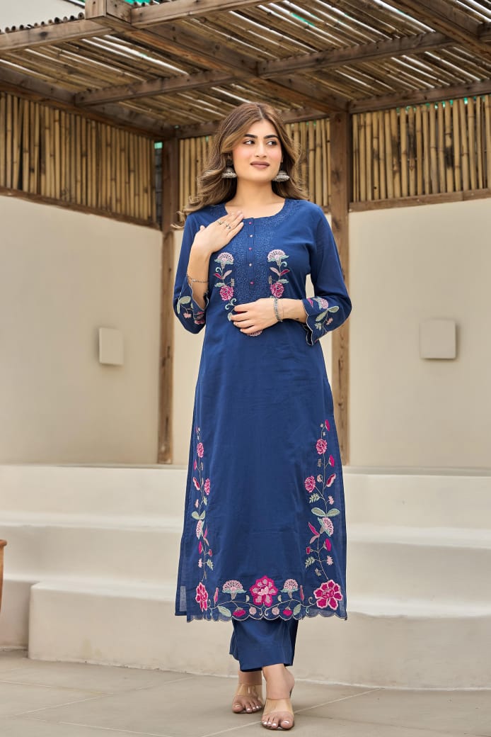 Pretty cotton fully embroidered in blue