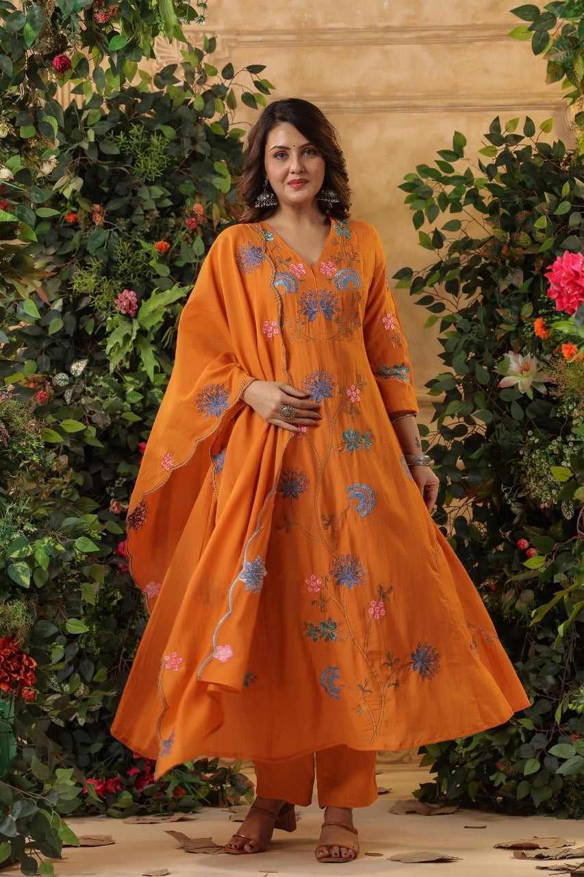 Pretty pretty embroidered Mul Chanderi Anarkali suit set