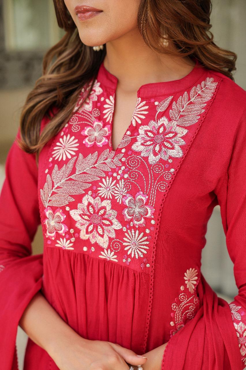 Designer pocket Mul cotton full suit set in pink