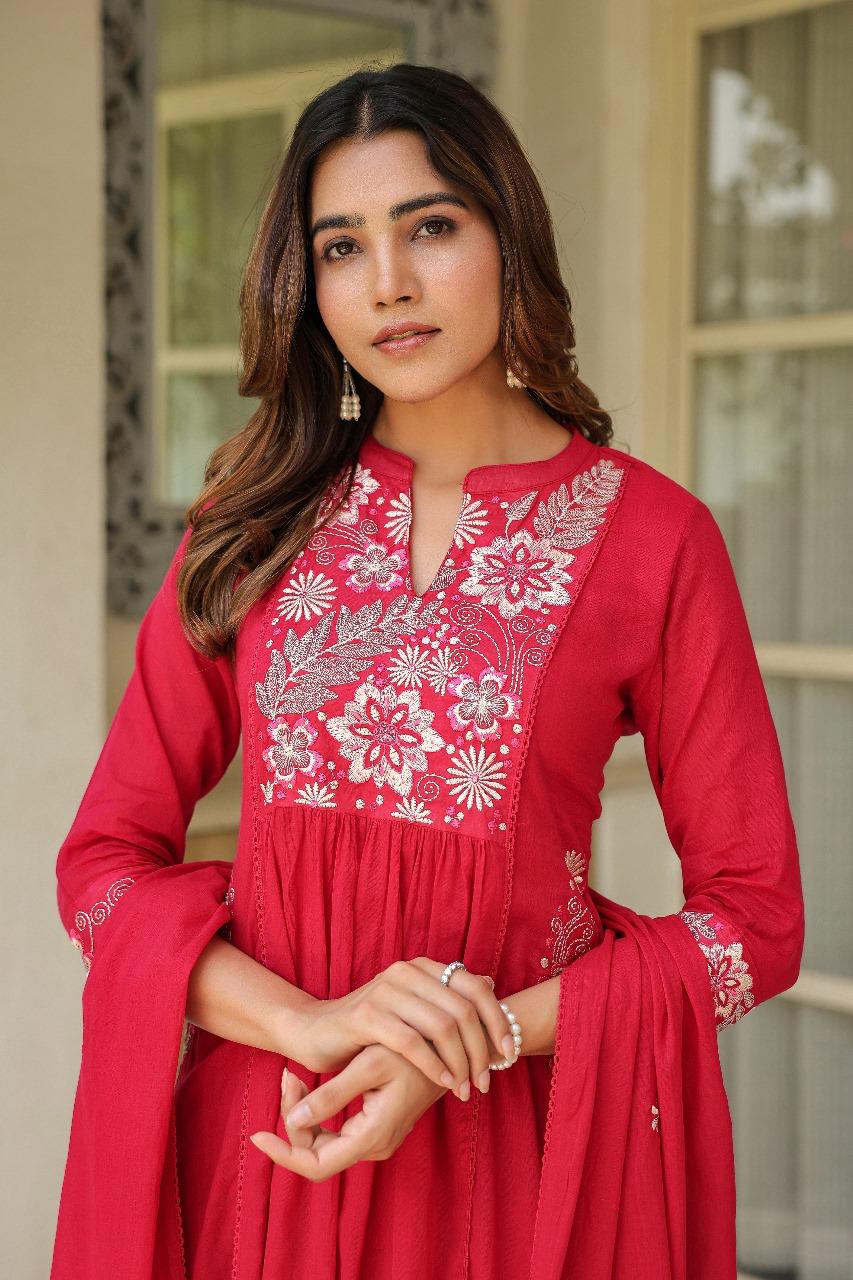 Designer pocket Mul cotton full suit set in pink