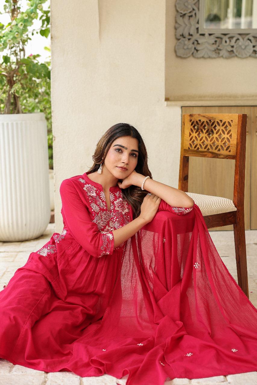 Designer pocket Mul cotton full suit set in pink