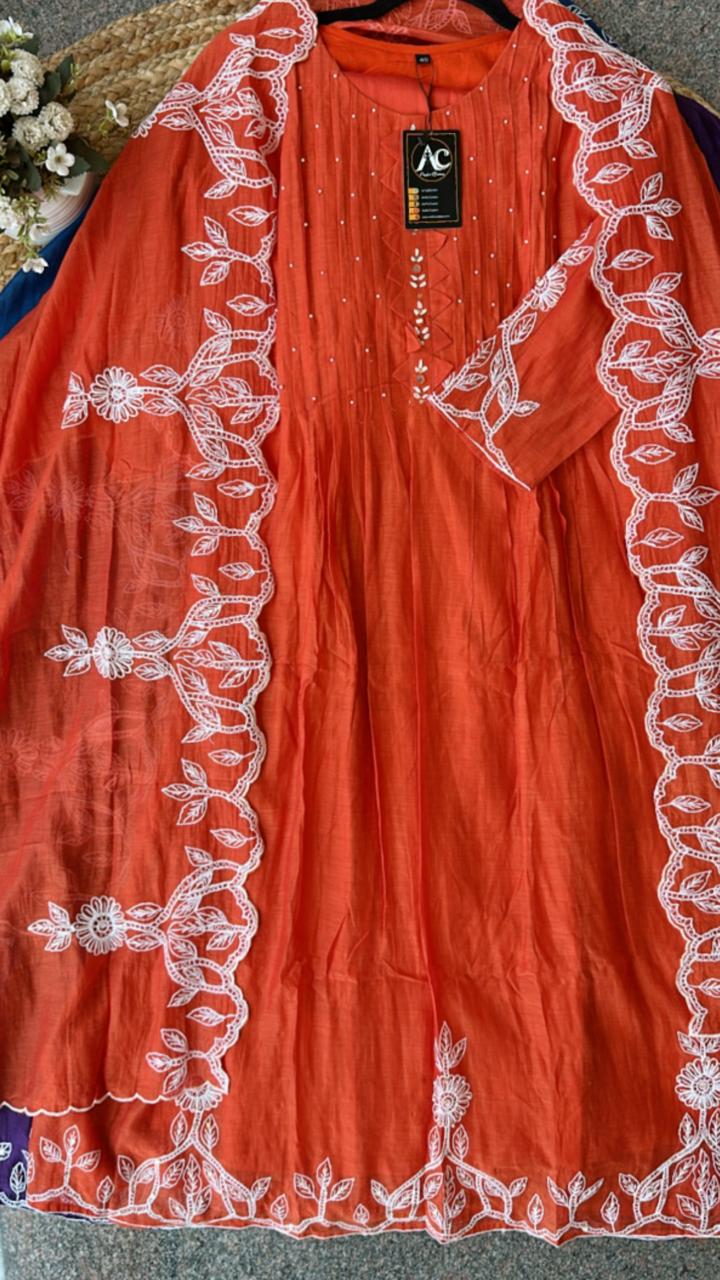 Fully embroidered Mul Chanderi suit set in orange(extra margin available)