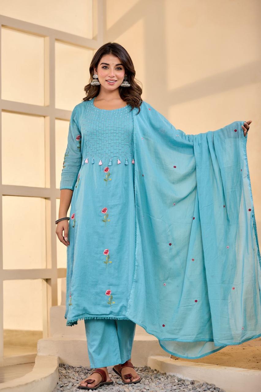 Wow Mul cotton rose embroidered lining suit set in blue