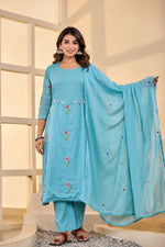 Wow Mul cotton rose embroidered lining suit set in blue