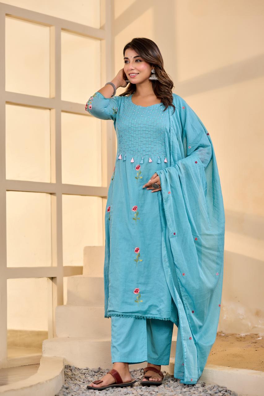 Wow Mul cotton rose embroidered lining suit set in blue