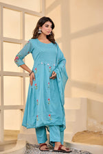 Wow Mul cotton rose embroidered lining suit set in blue