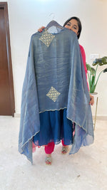 Wow Mul Chanderi suit set paired with hand work tissue suit set in blue ( extra margin available)