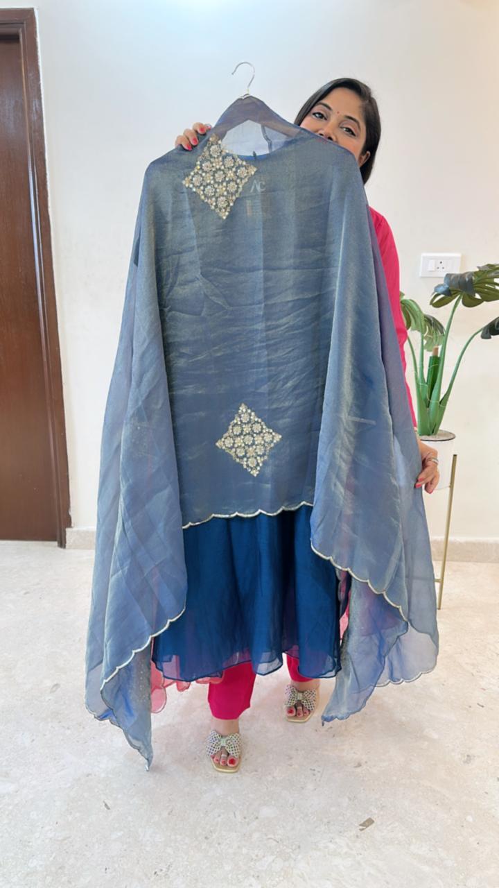 Wow Mul Chanderi suit set paired with hand work tissue suit set in blue ( extra margin available)