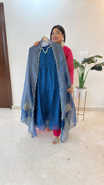 Wow Mul Chanderi suit set paired with hand work tissue suit set in blue ( extra margin available)