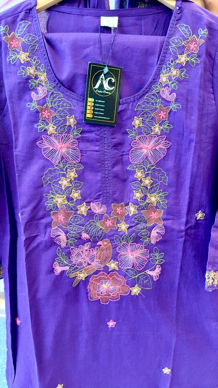 Pure cotton purple embroidered suit set