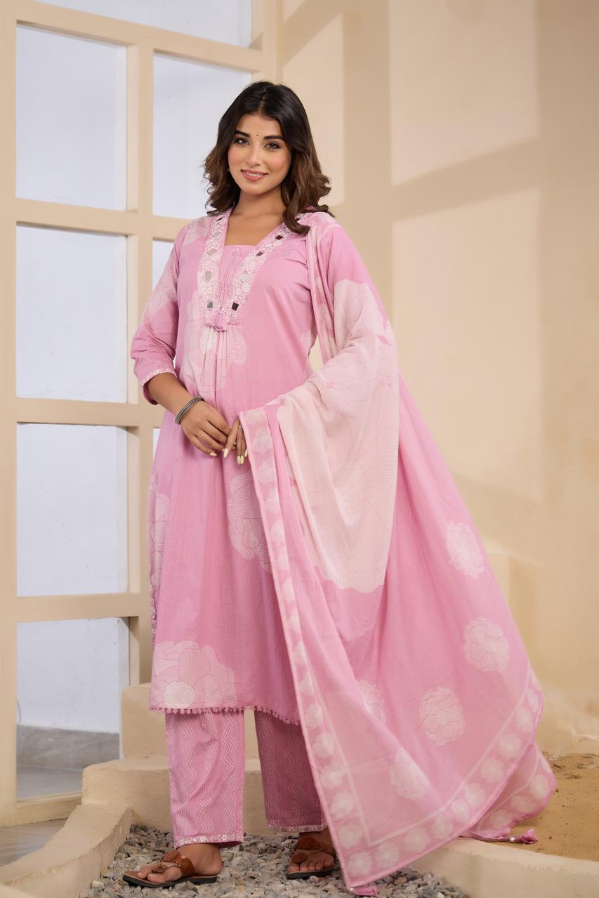Wow smart digital printed real mirror cotton full suit set in pink