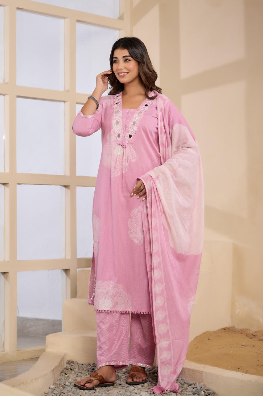 Wow smart digital printed real mirror cotton full suit set in pink