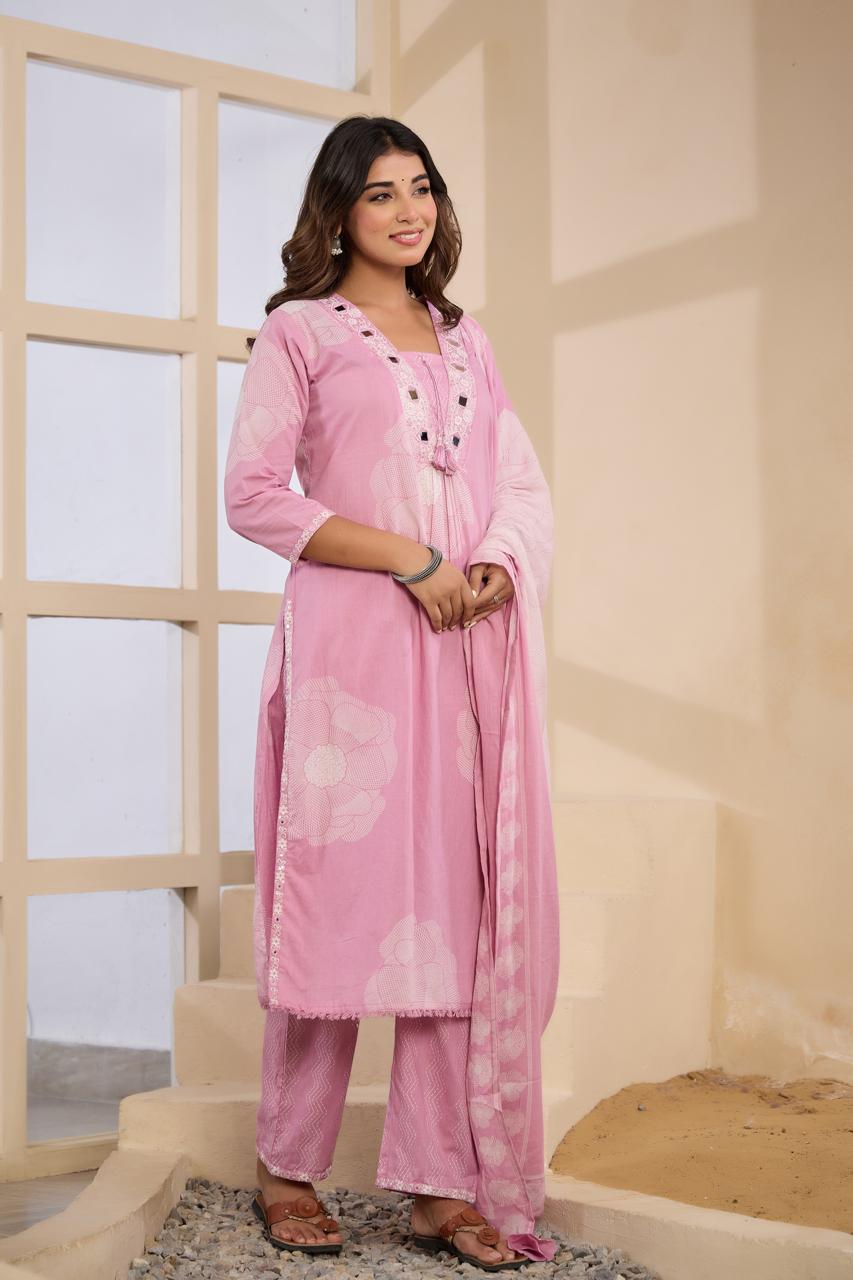Wow smart digital printed real mirror cotton full suit set in pink