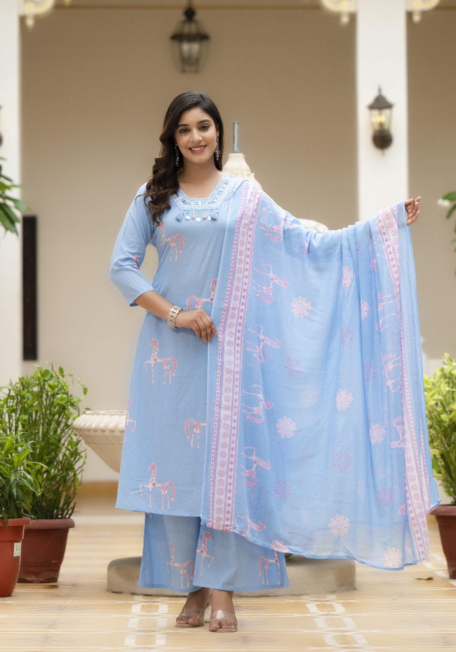 Designer pocket pure cotton suit set in blue