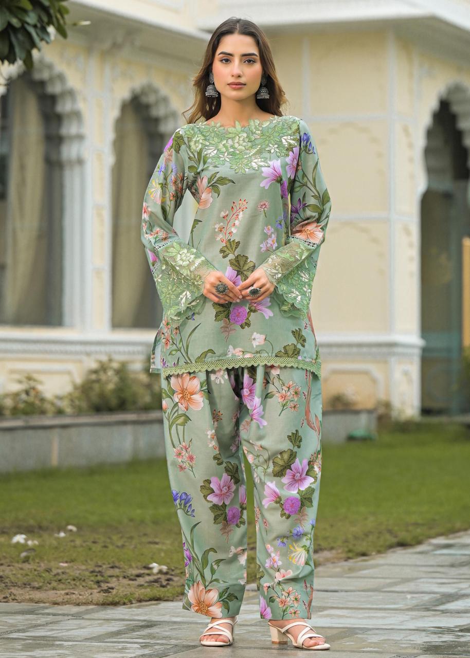 Linen cotton Pakistani style lace detailing farsi suit set in green