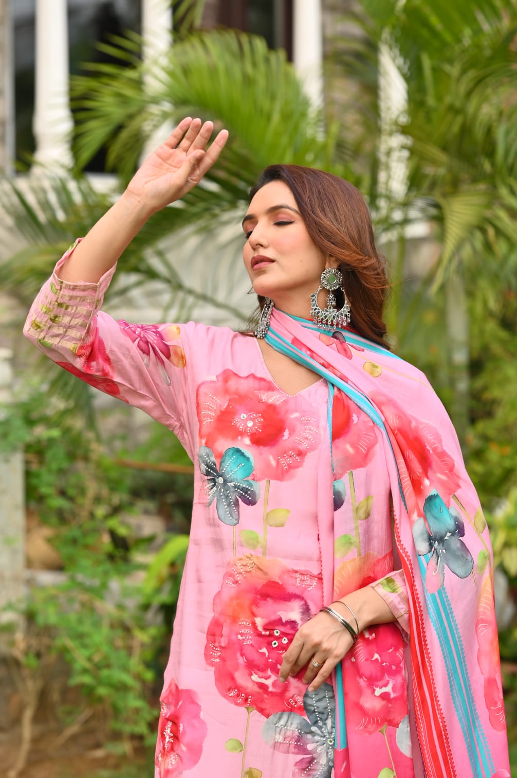 Gaji silk lakri patta floral suit set in pink