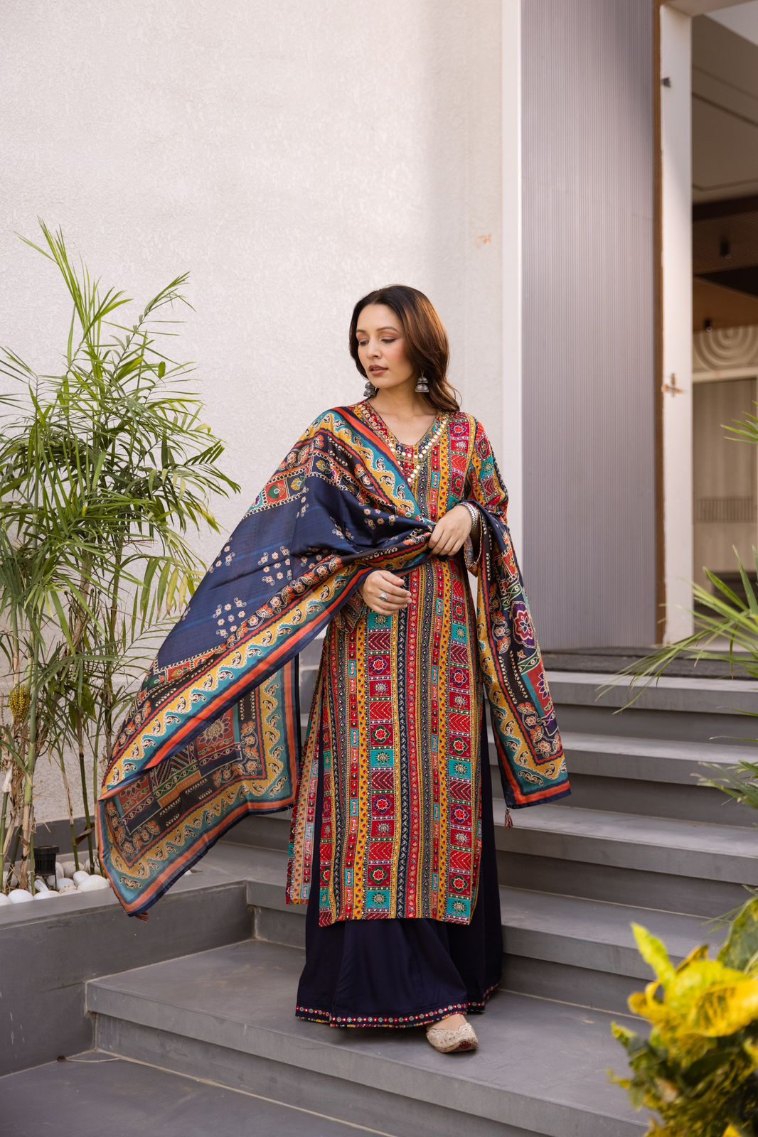 Heavy rayon V neck kurta paired with skirt palazzo
