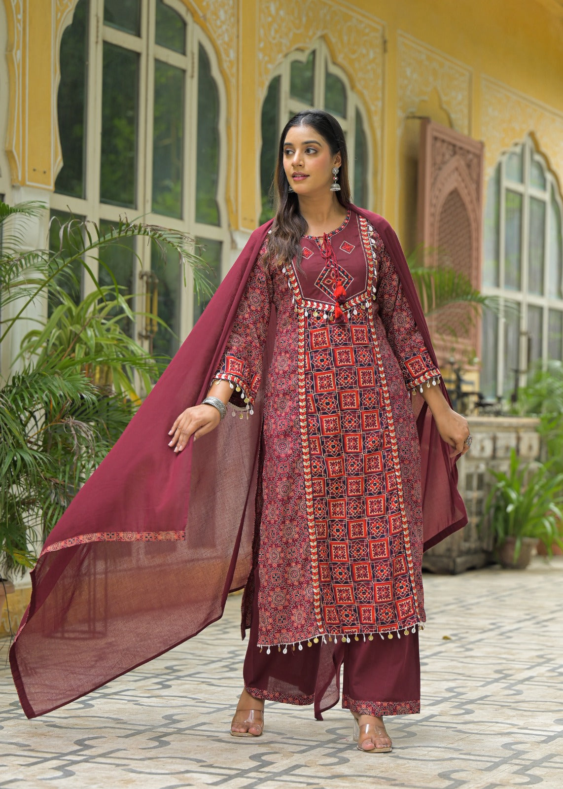 Smart cotton ajrakh beautifully embellished suit set in red