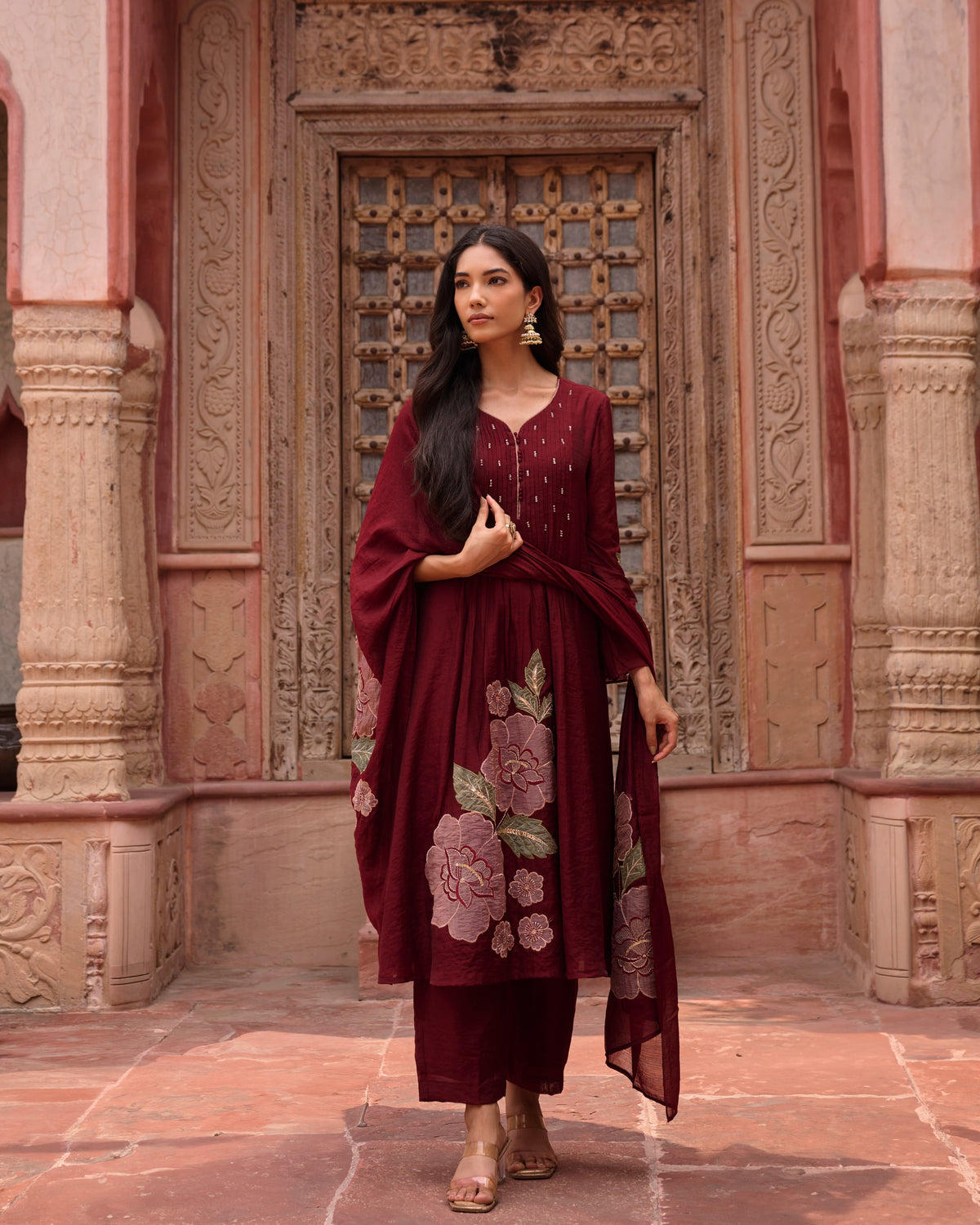 Smart appliqué work Mul Chanderi suit set