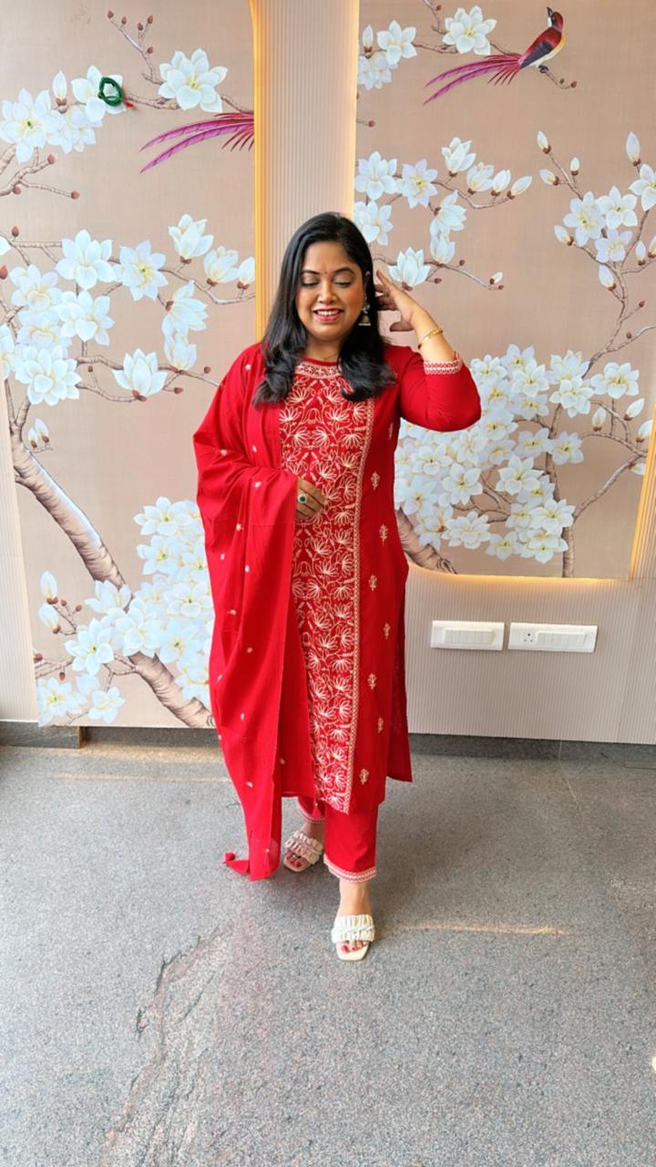Pretty pure cotton embroidered full suit in red